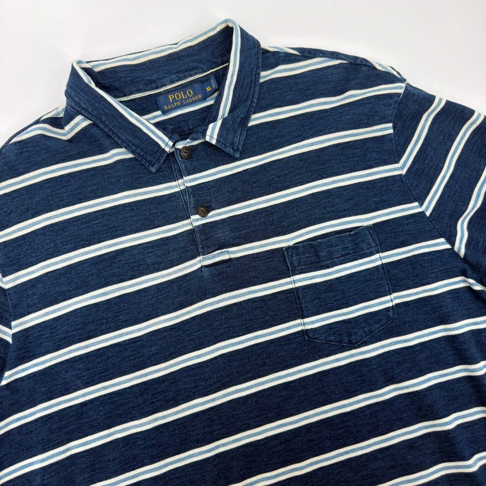 Polo Ralph Lauren Mens XL Navy Blue White Striped Pocket Polo Shirt RL Anchor